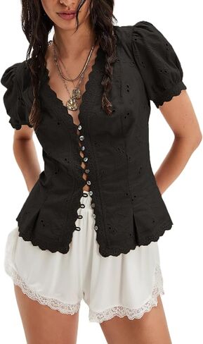 Women Puff Short Sleeve Eyelet Peplum Blouse Button Up Smocked Babydoll Crop Tops Going Out T-Shirts in Kuwait