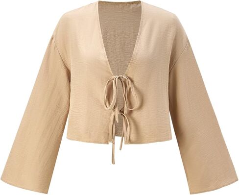 Women's Tie Front Bell Long Sleeve Blouses Deep V Neck Loose Fall Going Out Tops in Saudi Arabia