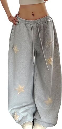 PDLCVD Women Star Applique Baggy Sweatpants Lounge Travel Pant Y2K Casual Loose Wide Leg Trouser with Pockets in Saudi Arabia