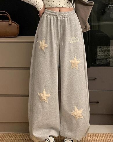 PDLCVD Women Star Applique Baggy Sweatpants Lounge Travel Pant Y2K Casual Loose Wide Leg Trouser with Pockets in Saudi Arabia