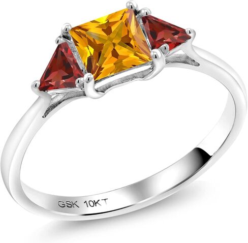 Gem Stone King 10K White Gold Yellow Citrine and Red Garnet 3 Stone Engagement Ring For Women | 1.00 Cttw | Gemstone Birthstone | Princess Center 5MM | Trillion 3.5MM | Available In Size 5, 6, 7, 8, 9 in Saudi Arabia
