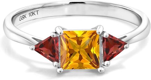 Gem Stone King 10K White Gold Yellow Citrine and Red Garnet 3 Stone Engagement Ring For Women | 1.00 Cttw | Gemstone Birthstone | Princess Center 5MM | Trillion 3.5MM | Available In Size 5, 6, 7, 8, 9 in Saudi Arabia