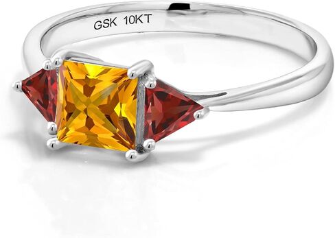 Gem Stone King 10K White Gold Yellow Citrine and Red Garnet 3 Stone Engagement Ring For Women | 1.00 Cttw | Gemstone Birthstone | Princess Center 5MM | Trillion 3.5MM | Available In Size 5, 6, 7, 8, 9 in Saudi Arabia