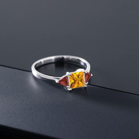 Gem Stone King 10K White Gold Yellow Citrine and Red Garnet 3 Stone Engagement Ring For Women | 1.00 Cttw | Gemstone Birthstone | Princess Center 5MM | Trillion 3.5MM | Available In Size 5, 6, 7, 8, 9 in Saudi Arabia