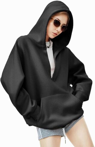 LICOBOD 2026 ملابس عصرية كنزة صوفية قطنية/سترة نسائية كبيرة الحجم بغطاء للرأس ورقبة على شكل حرف V ملابس الشارع الشهير جيب الكنغر بلوزات صوف Y2K in Kuwait