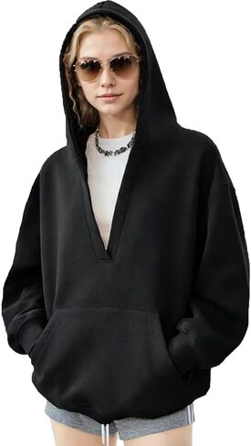 LICOBOD 2026 ملابس عصرية كنزة صوفية قطنية/سترة نسائية كبيرة الحجم بغطاء للرأس ورقبة على شكل حرف V ملابس الشارع الشهير جيب الكنغر بلوزات صوف Y2K in Kuwait