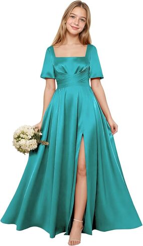 Junior Bridesmaid Dresses Short Sleeve Satin Flower Girl Dress for Wedding Square Neck Pockets Girls Prom Gown in Saudi Arabia