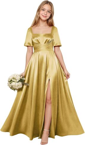 فساتين وصيفة العروس الصغيرة بأكمام قصيرة من الساتان فستان فتاة الزهور لحفلات الزفاف برقبة مربعة وجيوب فستان حفلات للفتيات in Kuwait