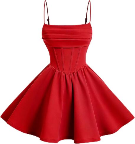 Vintage Style Spaghetti Strap Dress, Red, Pleated Corset Bodice, Flared A-Line Skirt in Saudi Arabia