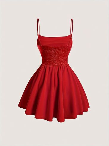 Vintage Style Spaghetti Strap Dress, Red, Pleated Corset Bodice, Flared A-Line Skirt in Saudi Arabia