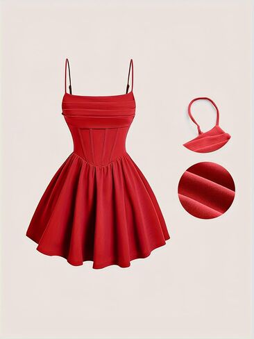 Vintage Style Spaghetti Strap Dress, Red, Pleated Corset Bodice, Flared A-Line Skirt in Saudi Arabia