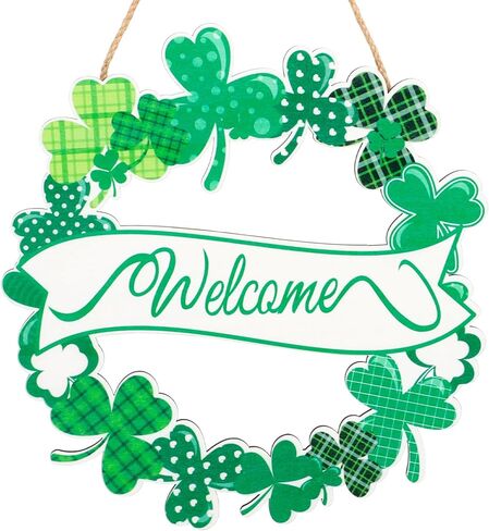 أكاليل عيد القديس باتريك للباب الأمامي، إكليل ترحيب من الخشب للباب الأمامي معلق في الهواء الطلق، لافتة باب يوم القديس باتريك ترحيب معلقة لحفلة ديكور المنزل in Kuwait