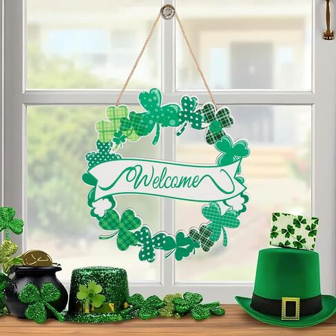 أكاليل عيد القديس باتريك للباب الأمامي، إكليل ترحيب من الخشب للباب الأمامي معلق في الهواء الطلق، لافتة باب يوم القديس باتريك ترحيب معلقة لحفلة ديكور المنزل in Kuwait