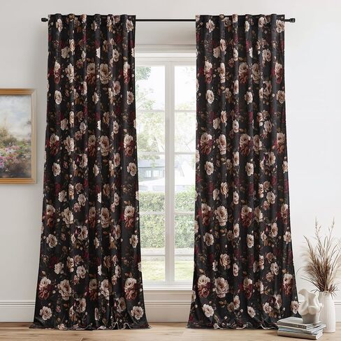 RYB HOME Black Velvet Curtains 84 inches Long, Printed Floral Vintage Design Home Decoration Thermal Insulated Privacy Protect Drapes for Bedroom Living Room, W50 x L84 inches, 2 Panels in Saudi Arabia