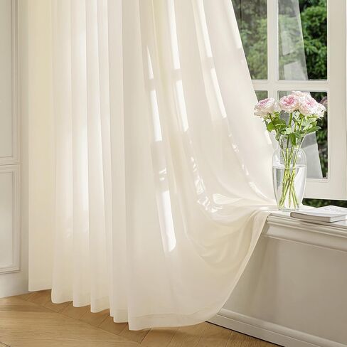 FMFUNCTEX Sheer Non-See-Through Butter Cream Curtains for Bedroom, Faux Silk That Let Light Curtains 108 inches Long Light Filtering Privacy Sheer Window Drapes for Living Room, Rod Pocket 2Panels Set in Kuwait
