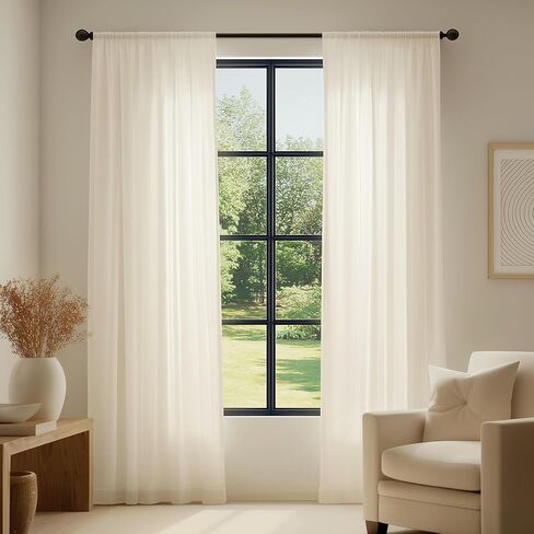 FMFUNCTEX Sheer Non-See-Through Butter Cream Curtains for Bedroom, Faux Silk That Let Light Curtains 108 inches Long Light Filtering Privacy Sheer Window Drapes for Living Room, Rod Pocket 2Panels Set in Kuwait