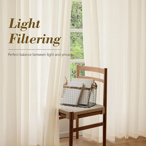 FMFUNCTEX Sheer Non-See-Through Butter Cream Curtains for Bedroom, Faux Silk That Let Light Curtains 108 inches Long Light Filtering Privacy Sheer Window Drapes for Living Room, Rod Pocket 2Panels Set in Kuwait