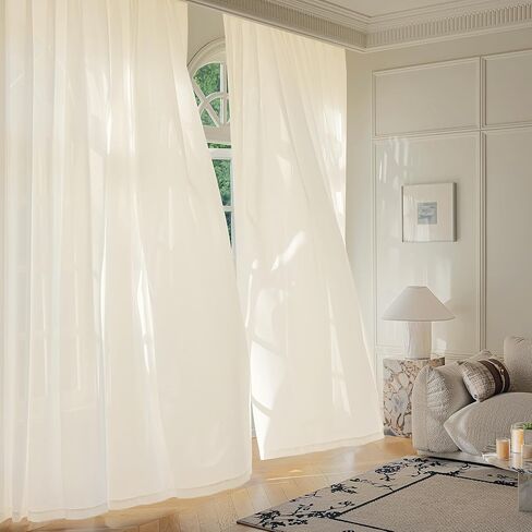 FMFUNCTEX Sheer Non-See-Through Butter Cream Curtains for Bedroom, Faux Silk That Let Light Curtains 108 inches Long Light Filtering Privacy Sheer Window Drapes for Living Room, Rod Pocket 2Panels Set in Kuwait