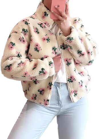 chouyatou Women's Cute Floral Faux Fur Fleece Coat Y2k Casual Stand Collar Zip Up Winter Sherpa Jacket in Saudi Arabia