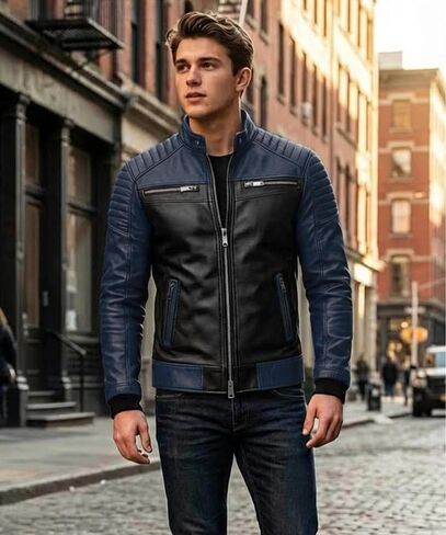 Mens Leather Jacket - Real Lambskin Quilted Shoulder Cafe Racer Leather Motorcycle Jacket Men in Saudi Arabia