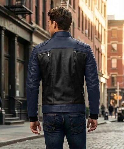 Mens Leather Jacket - Real Lambskin Quilted Shoulder Cafe Racer Leather Motorcycle Jacket Men in Saudi Arabia