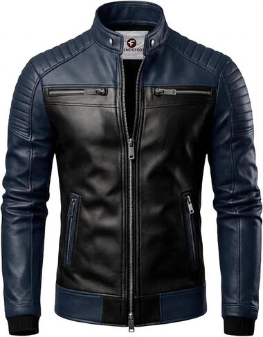 Mens Leather Jacket - Real Lambskin Quilted Shoulder Cafe Racer Leather Motorcycle Jacket Men in Saudi Arabia