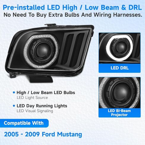 ELH LED Projector DRL Headlight Assembly Fit For 2005-2009 Ford Mustang LED 2005 2006 2007 2008 2009 05 06 07 08 09 Mustang Headlamp in Kuwait