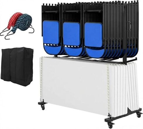 Folding Chair Cart Storage Rack on Wheels, 400Lbs Capacity Heavy Duty Rolling Rack for 42 Chairs or 12 Tables, with Locking Wheels,Rain Cover,Elastic Cords Wheels, Straps, Black in Kuwait