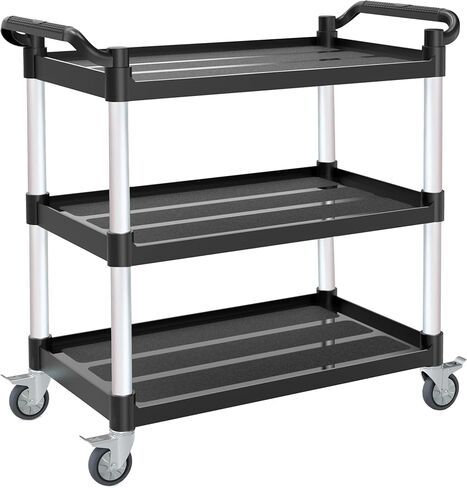 عربة أدوات دوارة من 3 طبقات - 4 عجلات هادئة قابلة للقفل ومضادة للتشابك، سعة كبيرة 540 رطل، عربة خدمات تجارية للمطعم/المكتب/المستودع/الفندق/المدرسة، أسود (40 طول × 19.5 عرض × 37.8 ارتفاع) in Kuwait