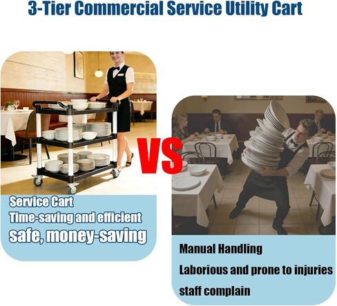 عربة أدوات دوارة من 3 طبقات - 4 عجلات هادئة قابلة للقفل ومضادة للتشابك، سعة كبيرة 540 رطل، عربة خدمات تجارية للمطعم/المكتب/المستودع/الفندق/المدرسة، أسود (40 طول × 19.5 عرض × 37.8 ارتفاع) in Kuwait