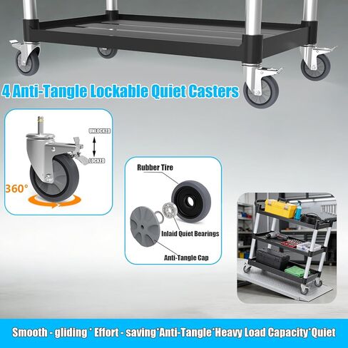 عربة أدوات دوارة من 3 طبقات - 4 عجلات هادئة قابلة للقفل ومضادة للتشابك، سعة كبيرة 540 رطل، عربة خدمات تجارية للمطعم/المكتب/المستودع/الفندق/المدرسة، أسود (40 طول × 19.5 عرض × 37.8 ارتفاع) in Kuwait