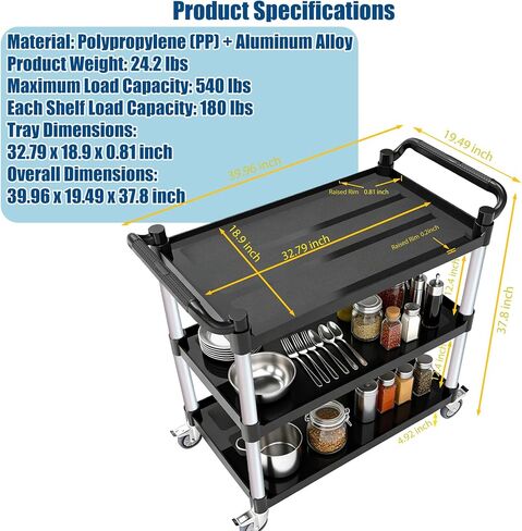 عربة أدوات دوارة من 3 طبقات - 4 عجلات هادئة قابلة للقفل ومضادة للتشابك، سعة كبيرة 540 رطل، عربة خدمات تجارية للمطعم/المكتب/المستودع/الفندق/المدرسة، أسود (40 طول × 19.5 عرض × 37.8 ارتفاع) in Kuwait