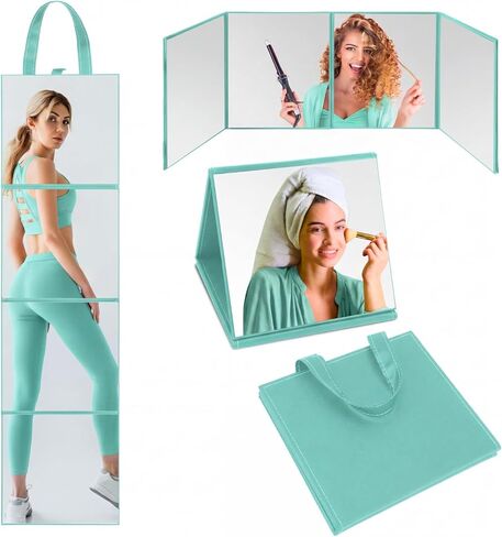 3 Way Foldable Full Length Mirror with Handle 31.89 x 11.22 Inches Leather Portable Camping Travel Hanging Folding Body Mirror for Makeup Dance Home Fitness Spa Hair Styling(Rose Gold) in Saudi Arabia