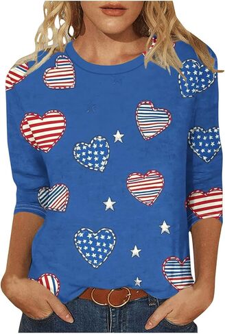 قمصان وطنية للنساء 3/4 كم بياقة دائرية وطباعة العلم الأمريكي تي شيرت 4th من يوليو بلوزة صيفية غير رسمية برسومات in Kuwait