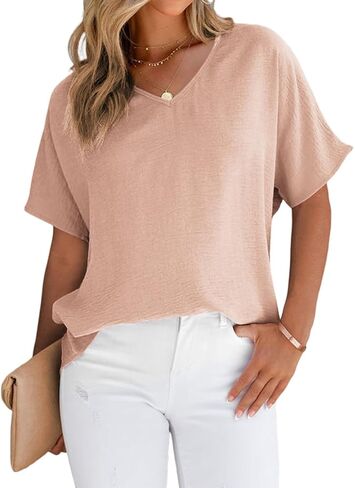 WHO IN SHOP Women's Summer Tops V Neck Short Sleeve Workout Tshirt UPF 50+ Casual Loose Fit Tee Shirt in Kuwait