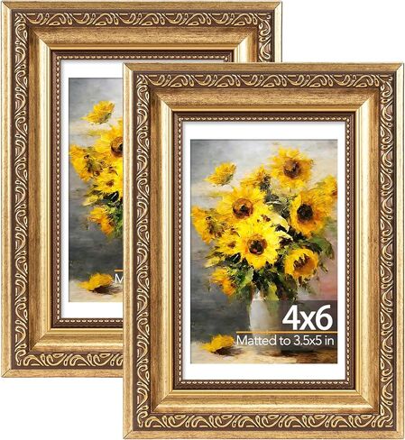 4x6 Vintage Picture Frame with 3.5x5 Mat Set of 2, Elegant Retro 4 by 6 Photo Frame with Shatter-Resistant Plexiglass for Wall or Tabletop Display, Gallery Decor & Gift, Gold, 2 Pack in Saudi Arabia