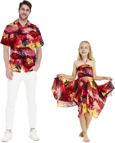 Matching Father Daughter Hawaiian Luau Men Shirt Girl Gypsy Dress in Sunset in Saudi Arabia