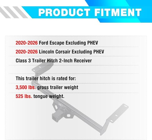 وصلة مقطورة من الفئة 3 مقاس 2 بوصة مناسبة لسيارة Ford Escape وLincoln Corsair 2020-2026 in Kuwait