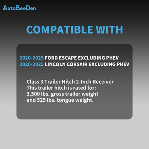 Class 3 Trailer Hitch, 2-Inch Receiver, Compatible with Ford Escape and Lincoln Corsair 2020-2025, Both excluding PHEV. Bright Black Color Tow Hitch in Kuwait