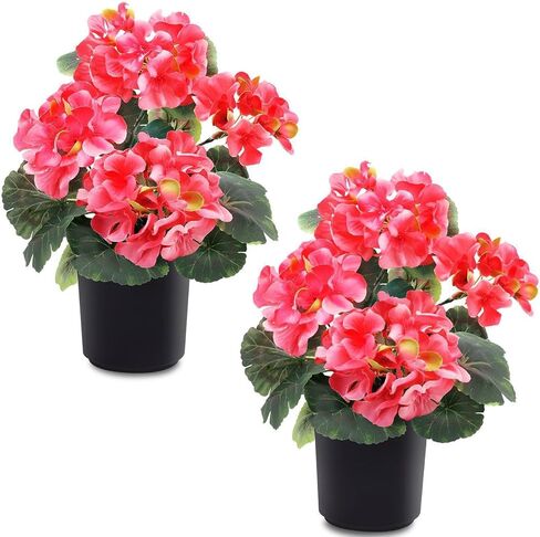 2 Pack Artificial Geranium Fake Flowers for Outdoors Spring Summer Decor, Silk Geraniums Red Flowers UV Resistant Faux Flower Potted Plants for Gardens Farmhouse Indoor Home Table Decor (Red) in Saudi Arabia