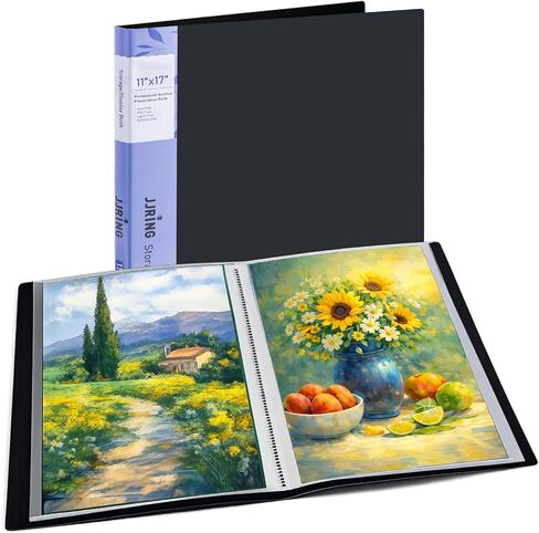 18x24 Black Art Portfolio Folder Displaying 48 Pages with Plastic Sleeves | 24-Pocket Presentation Book Binder For Artwork Storage Featuring Dark Inner Paper Inserts Protective Document Archival Holder in Saudi Arabia