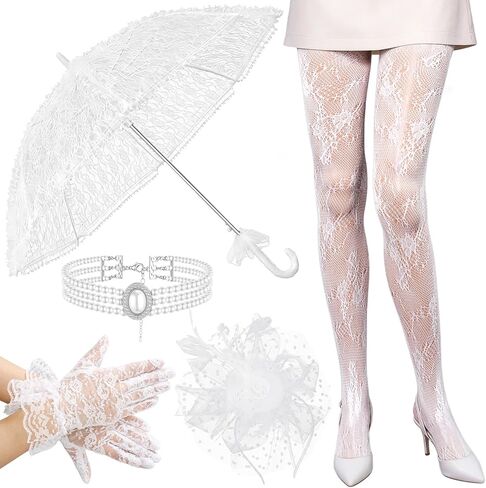 Landical 5 Pcs Tea Party Outfits Fascinator Hat Lace Gloves Parasol Umbrella Fishnet Tights for Wedding Dress 1920s Costume in Saudi Arabia