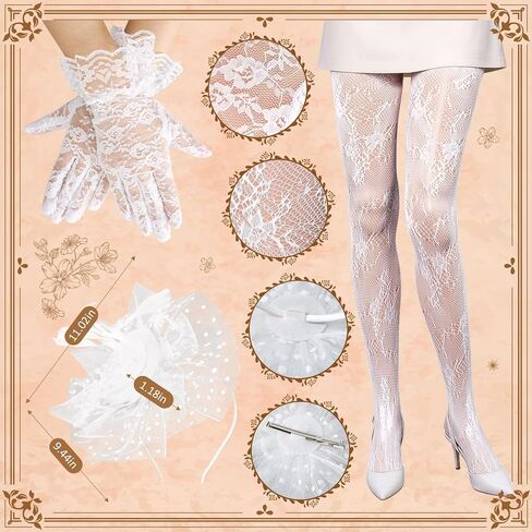 Landical 5 Pcs Tea Party Outfits Fascinator Hat Lace Gloves Parasol Umbrella Fishnet Tights for Wedding Dress 1920s Costume in Saudi Arabia