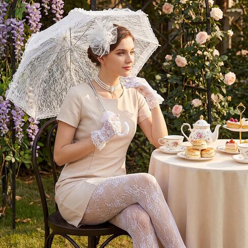 Landical 5 Pcs Tea Party Outfits Fascinator Hat Lace Gloves Parasol Umbrella Fishnet Tights for Wedding Dress 1920s Costume in Saudi Arabia