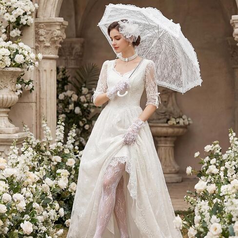 Landical 5 Pcs Tea Party Outfits Fascinator Hat Lace Gloves Parasol Umbrella Fishnet Tights for Wedding Dress 1920s Costume in Saudi Arabia