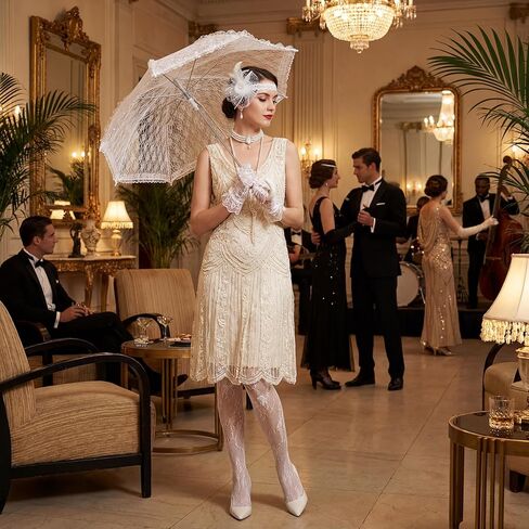 Landical 5 Pcs Tea Party Outfits Fascinator Hat Lace Gloves Parasol Umbrella Fishnet Tights for Wedding Dress 1920s Costume in Saudi Arabia