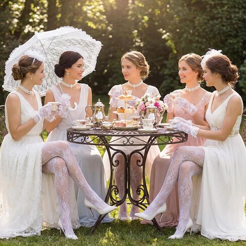 Landical 5 Pcs Tea Party Outfits Fascinator Hat Lace Gloves Parasol Umbrella Fishnet Tights for Wedding Dress 1920s Costume in Saudi Arabia