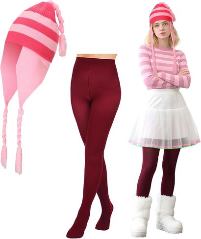 JaGely 2 Pcs Costume Accessories Set Pink Striped Beanie Hat with Ear Flaps Dark Red Long Socks Halloween Costume for Cosplay in Saudi Arabia