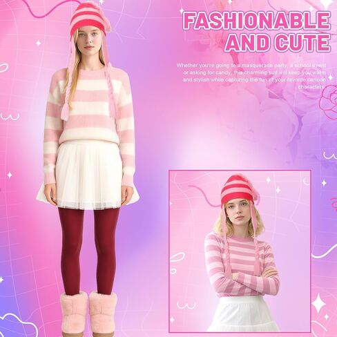 JaGely 2 Pcs Costume Accessories Set Pink Striped Beanie Hat with Ear Flaps Dark Red Long Socks Halloween Costume for Cosplay in Saudi Arabia