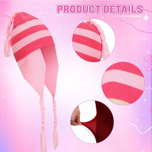 JaGely 2 Pcs Costume Accessories Set Pink Striped Beanie Hat with Ear Flaps Dark Red Long Socks Halloween Costume for Cosplay in Saudi Arabia